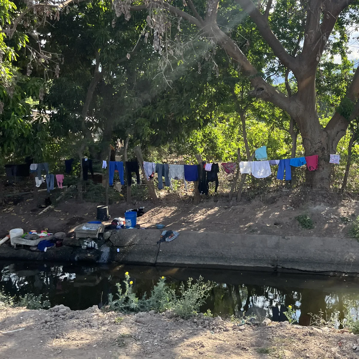 Clothes hanging on a line to dry between trees beside a canal, with washing basins, plastic tubs, and laundry supplies set up along the concrete bank.