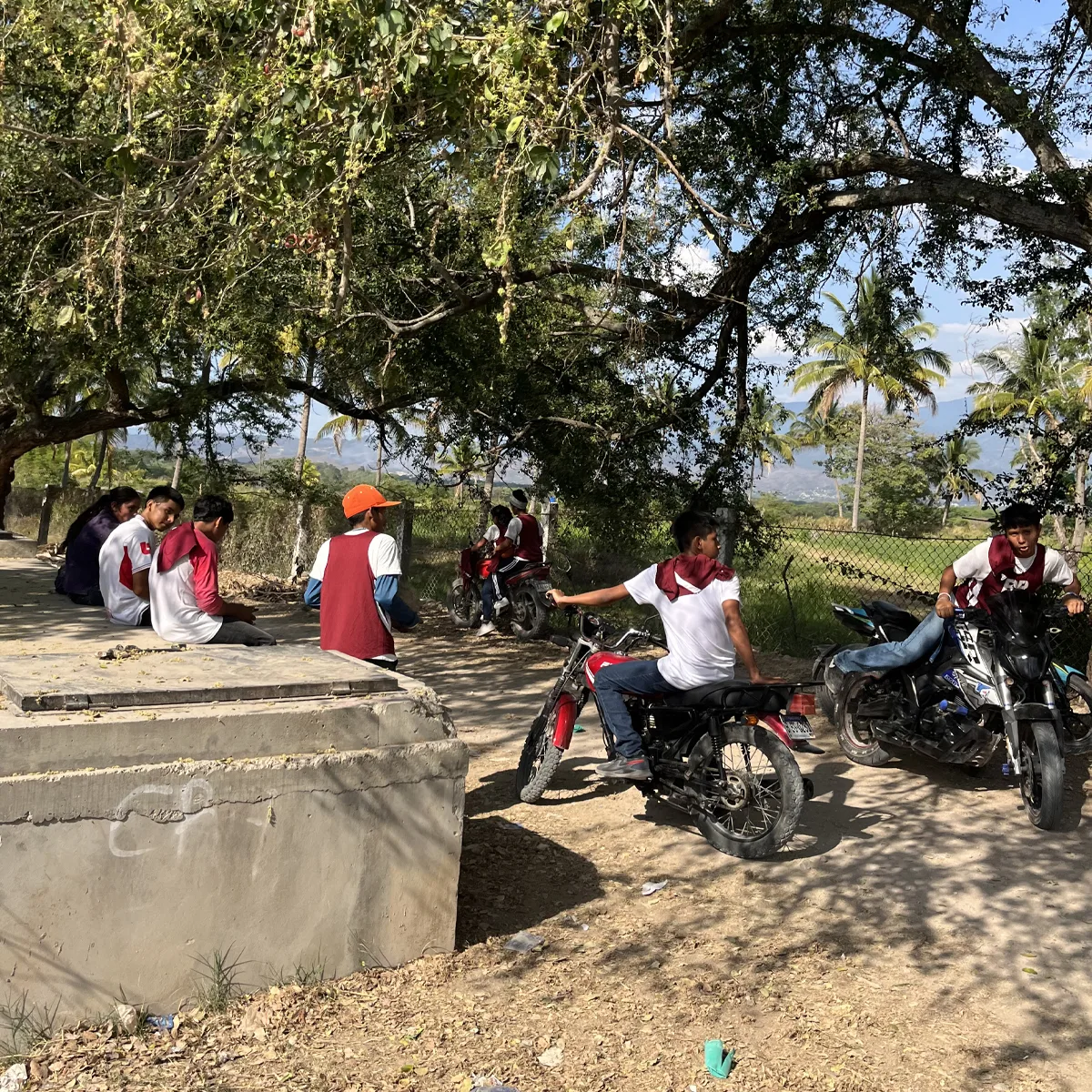 Group of young people in matching red and white shirts gathered under a tree, some sitting on a concrete structure and others on motorcycles, with a rural landscape and palm trees in the background.
