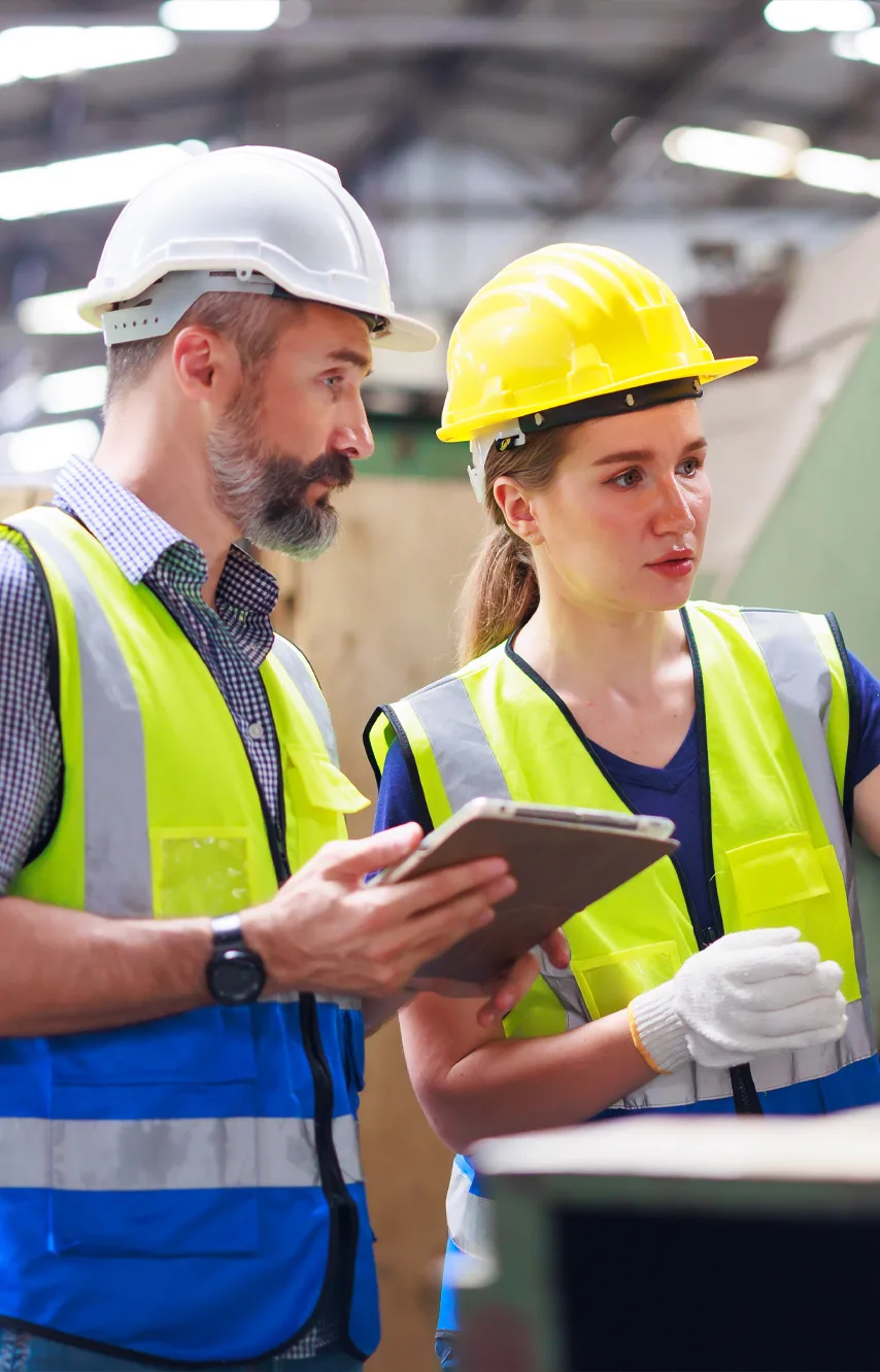 Two employees in a warehouse reviewing items on a tablet.