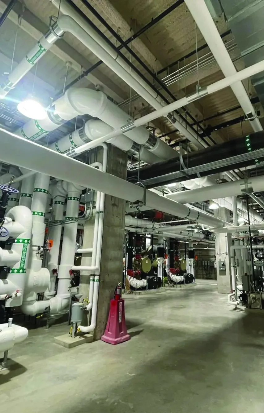 Industrial mechanical room with extensive network of insulated pipes, valves, and machinery, including labeled steam and water lines, in a clean concrete space.