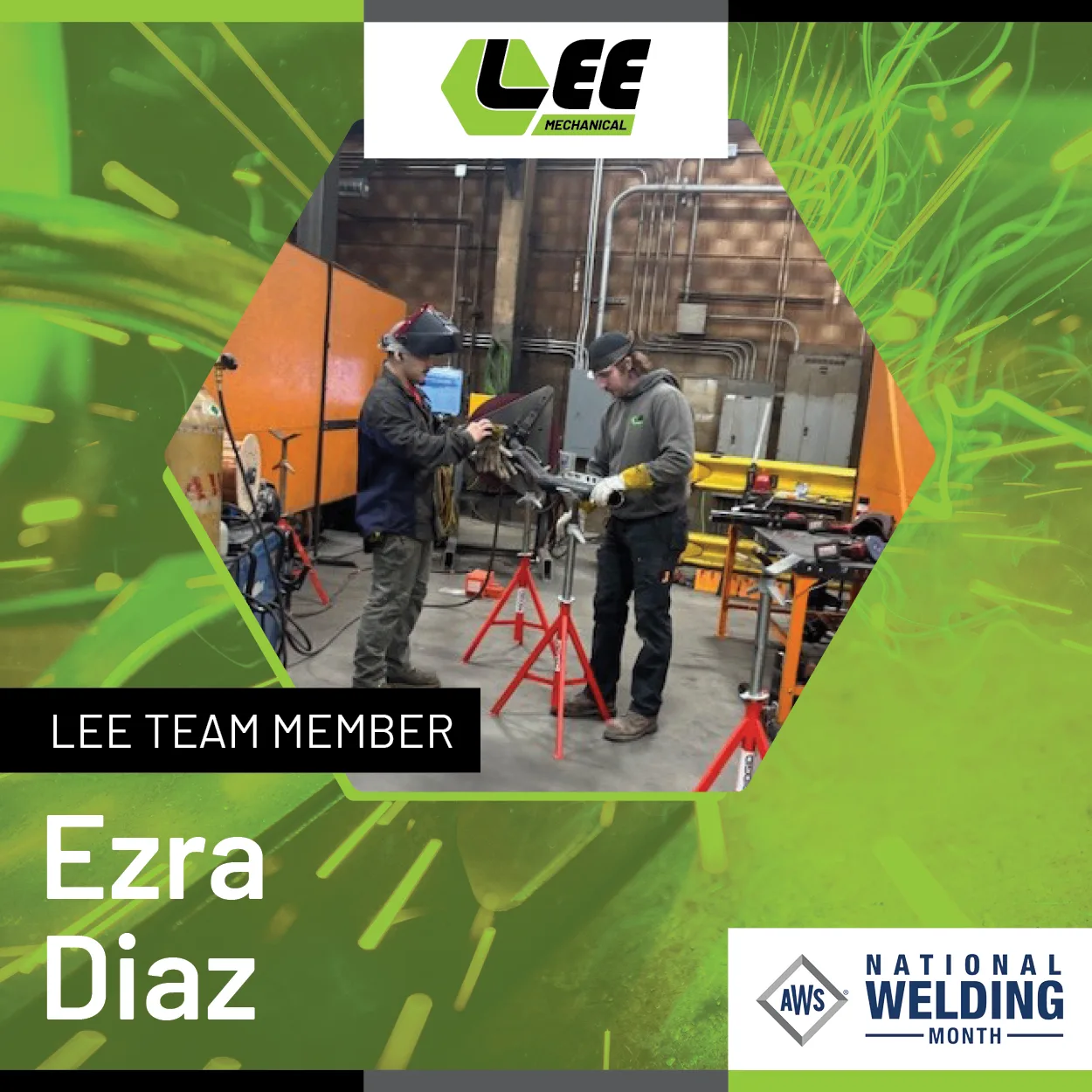 Promotional graphic celebrating Ezra Diaz for Welding Month