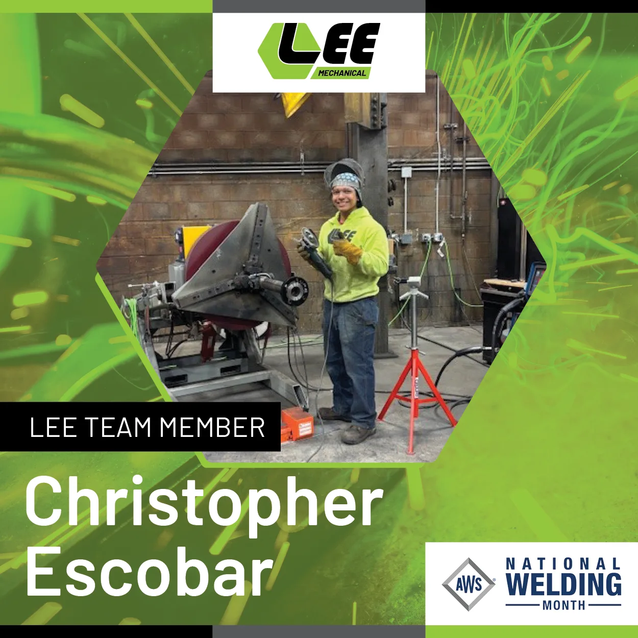 Promotional graphic celebrating Christopher Escobar for Welding Month