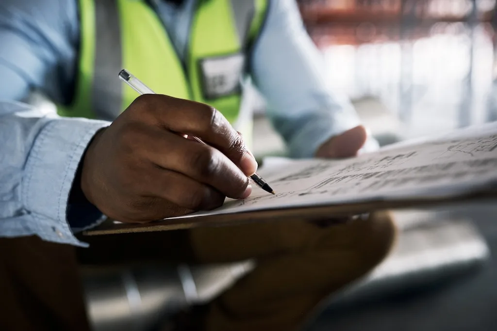 Man, Architect And Hands Writing On Checklist For Inventory, Inspection Or Construction Paperwork On Site. Hand Of Male Contractor Working On Documents For Planning, Architecture Or Idea Strategy Man, Architect And Hands Writing On Checklist For Inventory, Inspection Or Construction Paperwork On Site. Hand Of Male Contractor Working On Documents For Planning, Architecture Or Idea Strategy