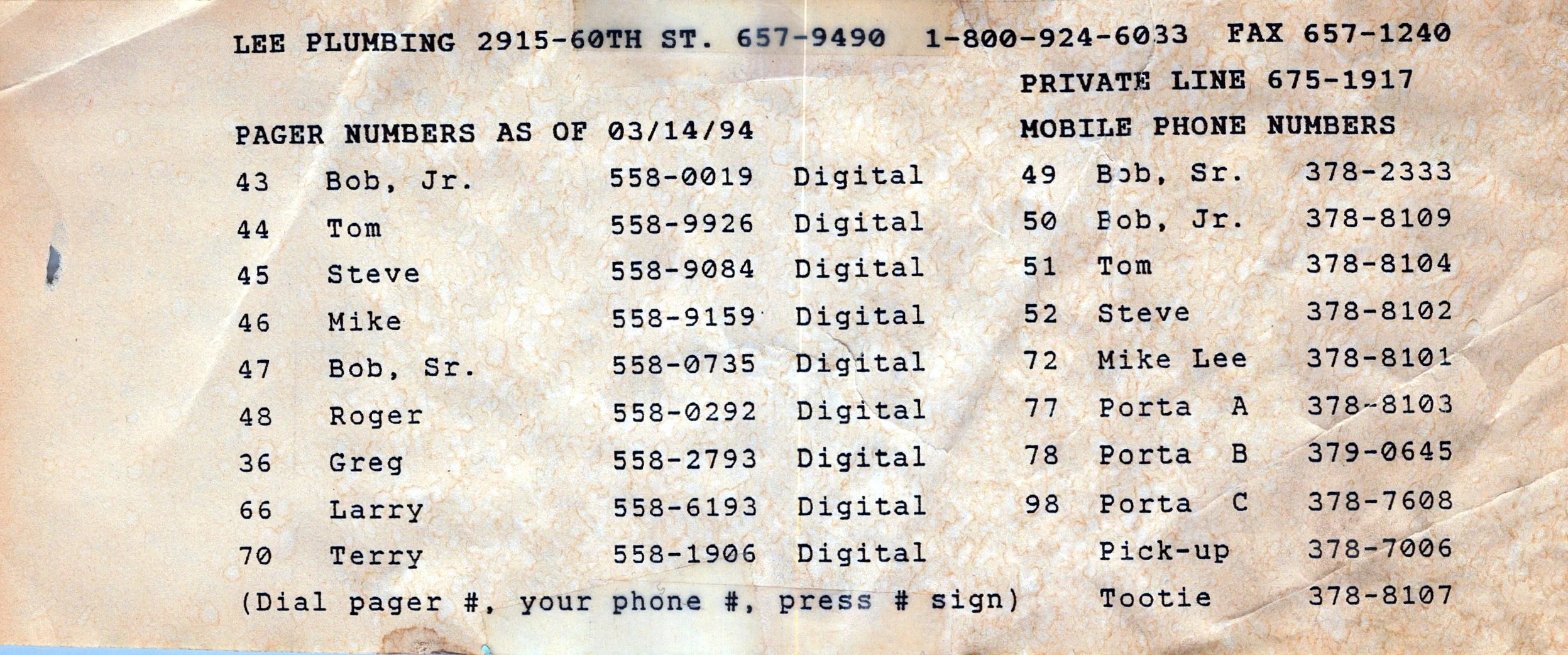 Pager Numbers 1994
