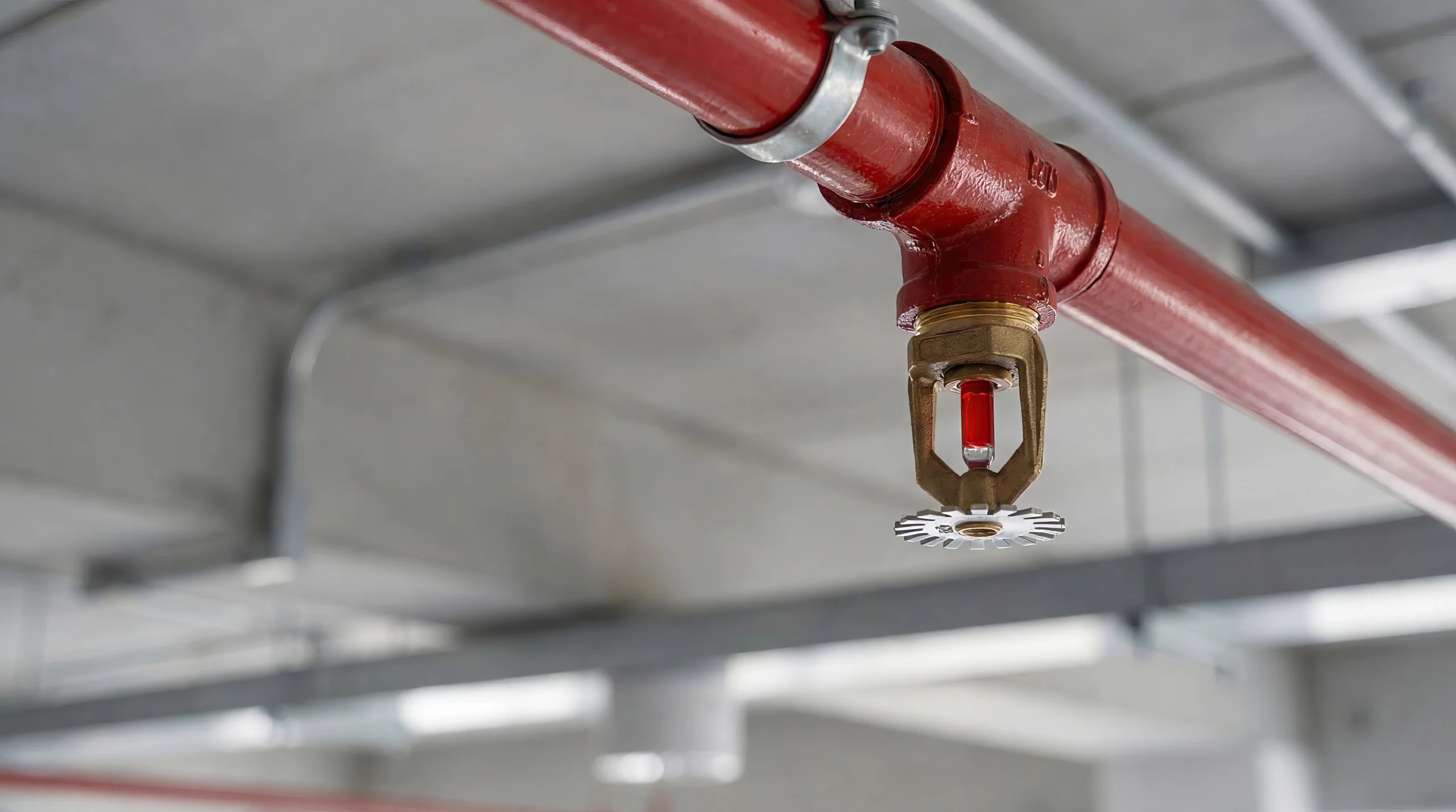 Fire Sprinkler System On Red Pipe For Fire Safety Concept Fire Sprinkler System On Red Pipe For Fire Safety Concept