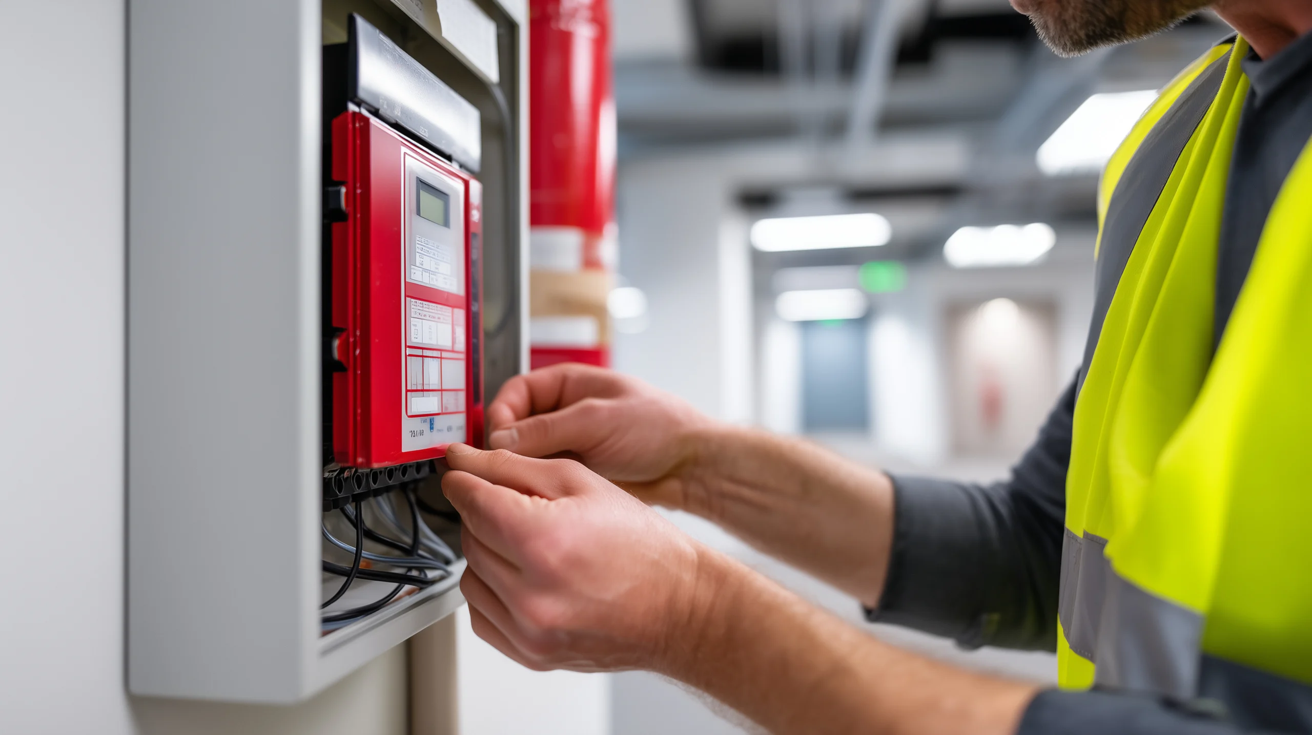 Fire Safety Technician Inspecting And Servicing An Electrical Fire Alarm Control Panel, Close Up Of Worker Hands Opening A Wall Mounted Alarm System Cabinet, Red Fire Suppression P Fire Safety Technician Inspecting And Servicing An Electrical Fire Alarm Control Panel, Close Up Of Worker Hands Opening A Wall Mounted Alarm System Cabinet, Red Fire Suppression P