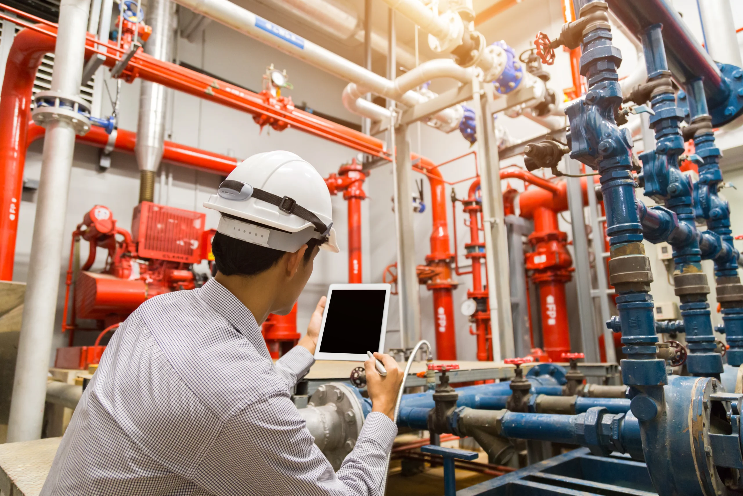 Engineer With Tablet Check Red Generator Pump For Water Sprinkler Piping And Fire Alarm Control System. Engineer With Tablet Check Red Generator Pump For Water Sprinkler Piping And Fire Alarm Control System.