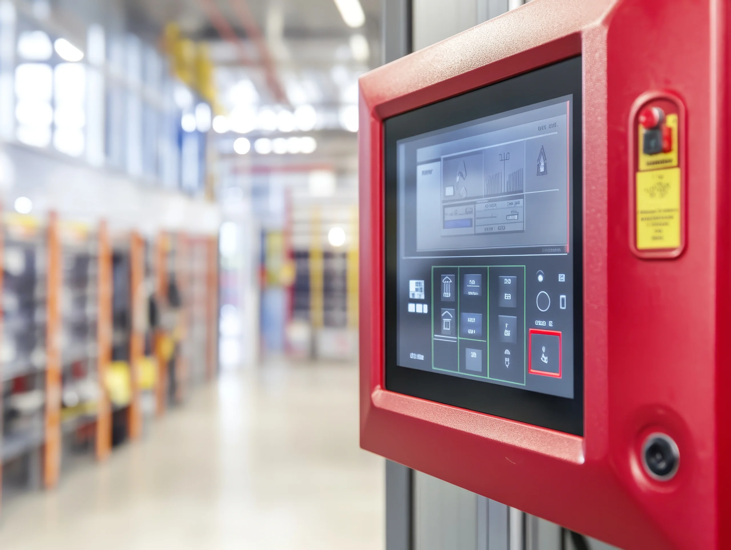 Close Up Of Fire Alarm Control Panel With Touchscreen Interface, Showcasing Its Features In Modern Industrial Setting. Close Up Of Fire Alarm Control Panel With Touchscreen Interface, Showcasing Its Features In Modern Industrial Setting.